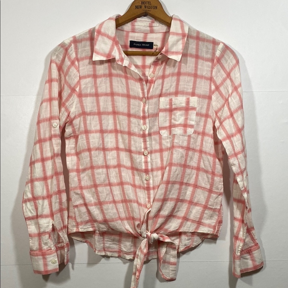 Ivanka Trump 100% Cotton Pink and White Long Sleeve Tie Front Shirt Size M